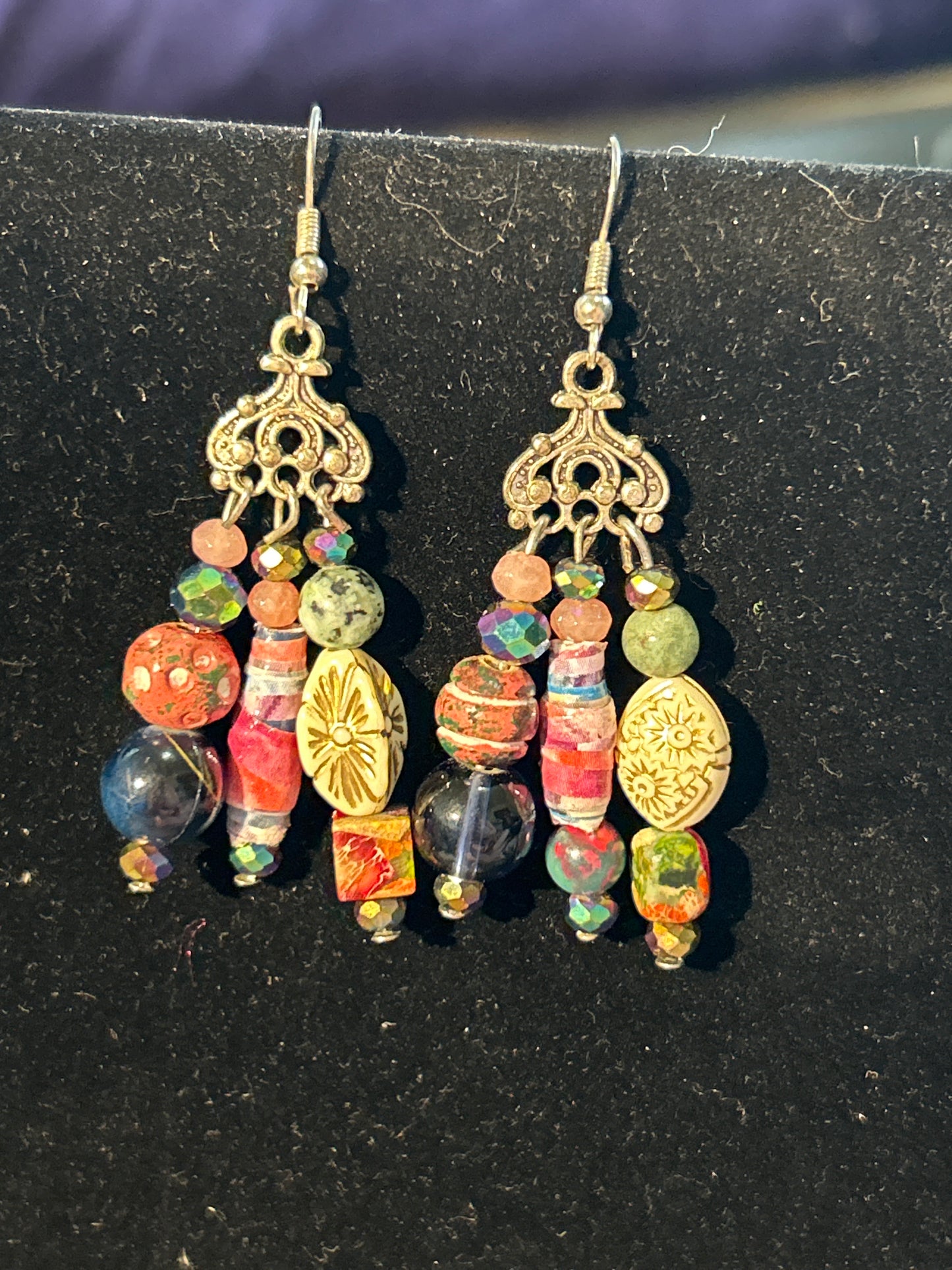 EarthTones Light Rose, Cream & Green Handmade ChandelEarrings with Paper, Gemstones, & Clay beads; original designs funk and flair unique fun original hypoallergenic