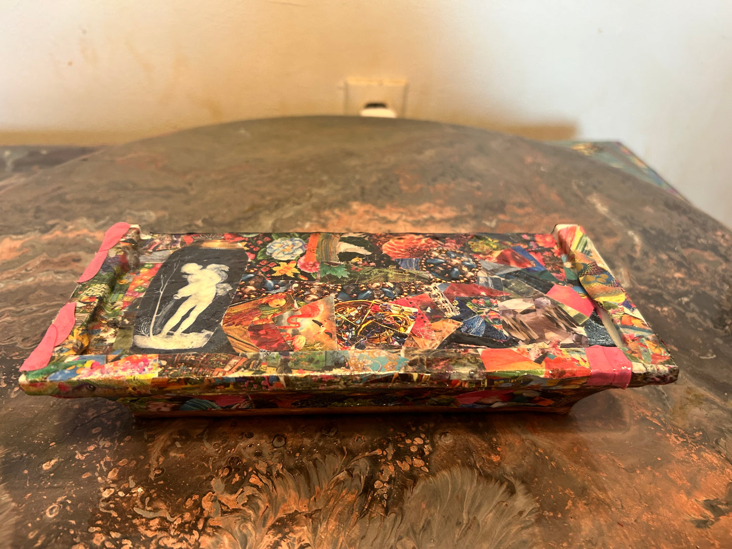 Hanging Shelf Decoupage Abstract Collage Wrapped in "Everycolor" Rose Gold lined ~ Resin Coat ~ Chaotic, Analog, Unique, Trippy, Handmade, RetroTech