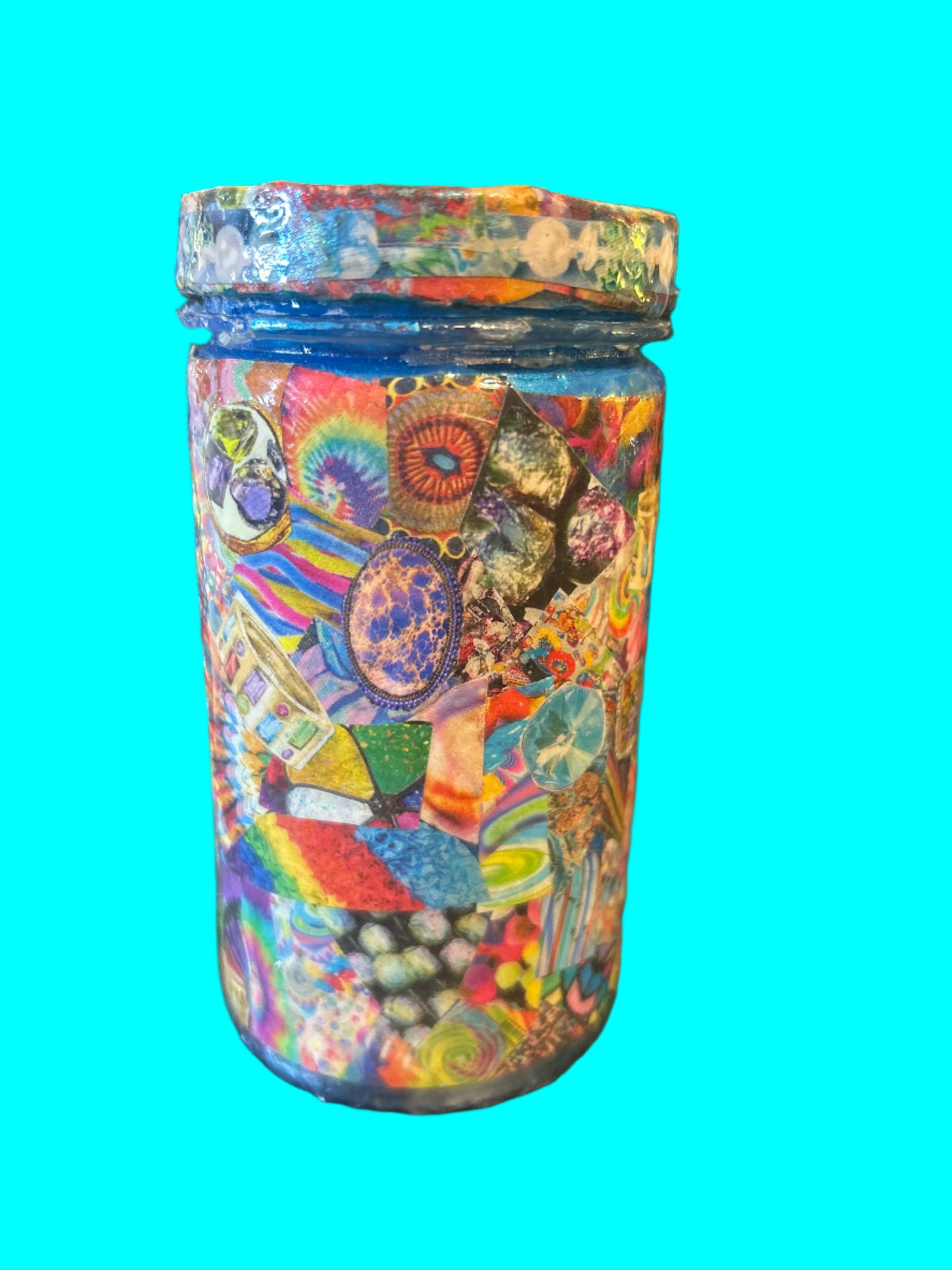 Decoupage Abstract Collage Wrapped Canister in "Everycolor" ~ Resin Coat ~ Chaotic, Analog, Unique, Trippy, Handmade, RetroTech