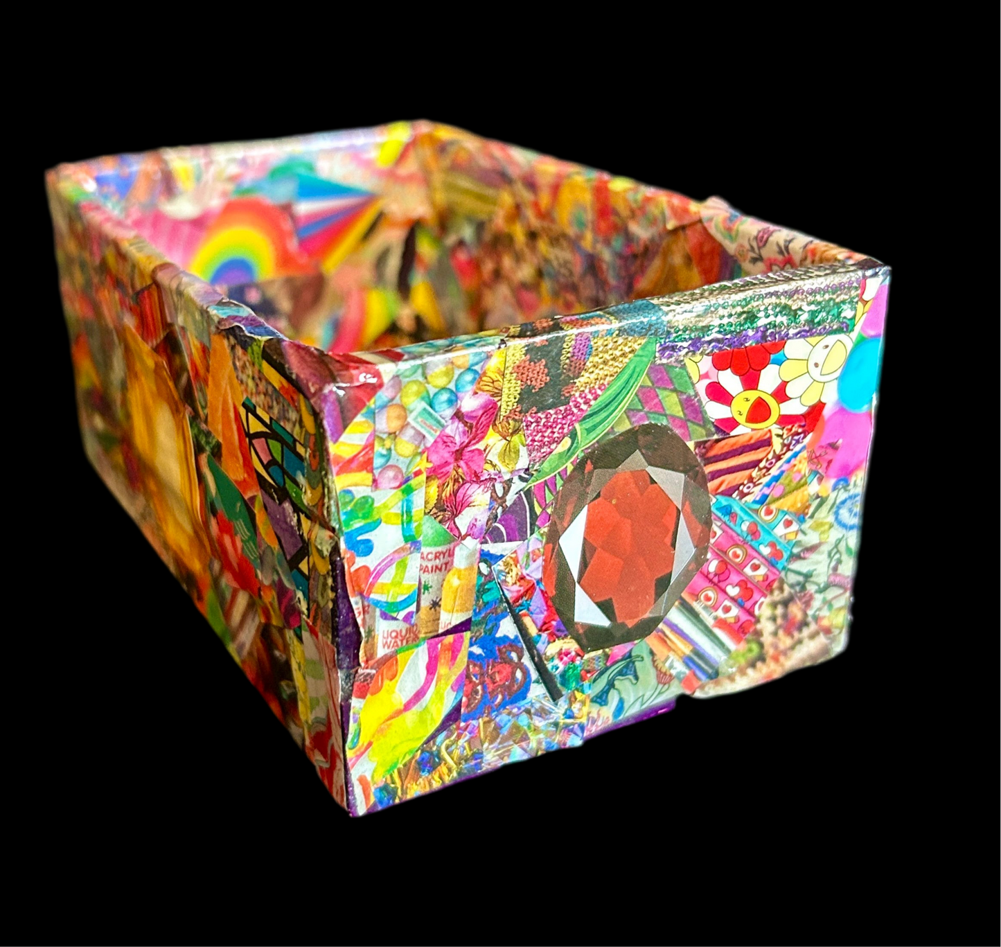 Multi-Colored Psychedelic w/ Red & Yellow Gems Gilded Mod Podge Paper Collage Decorative Arts Wood Crate  Handmade 2024 USA