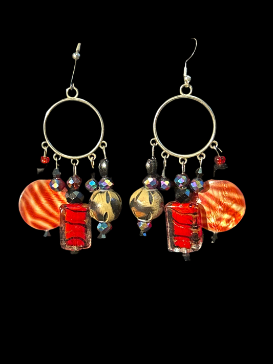 Wild Red Cat Print Handmade ChandelEarrings w. Glass & Crystal Beads ~ Hypoallergenic silver-plated findings