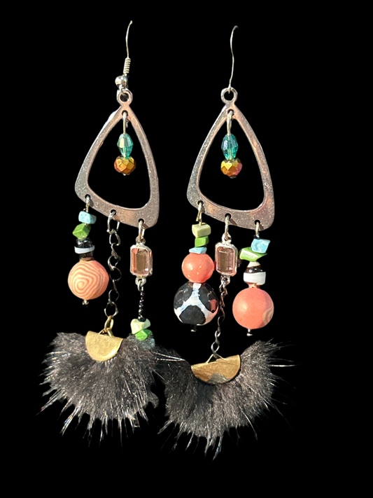 Fuzzy Peach And Green Funhouse Handmade BalanceMatch ChandelEarrings w. Clay, Stone,  & Crystak beads ~ original designs funky unique pretty hypoallergenic