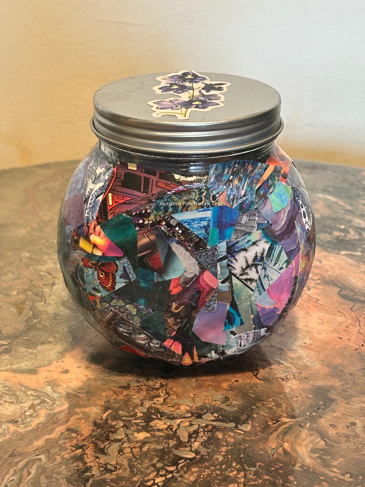 Round Glass Jar Decoupage Abstract Collage Wrapped in "Everycolor" Moody ~ Resin Coat ~ Chaotic, Analog, Unique, Trippy, Handmade, RetroTech