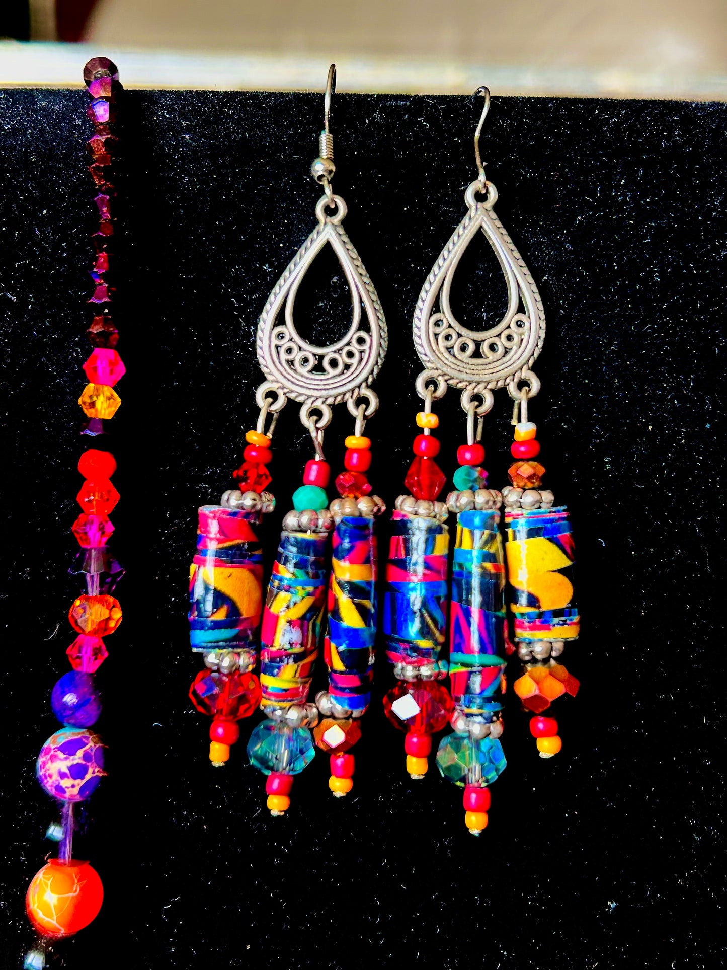 Purple & Orange Artisan Handcrafted Beaded Necklace & Earring Set w. Decoupage Pendant ~ Glass, Crystal, Stone Beads Brilliant Unique