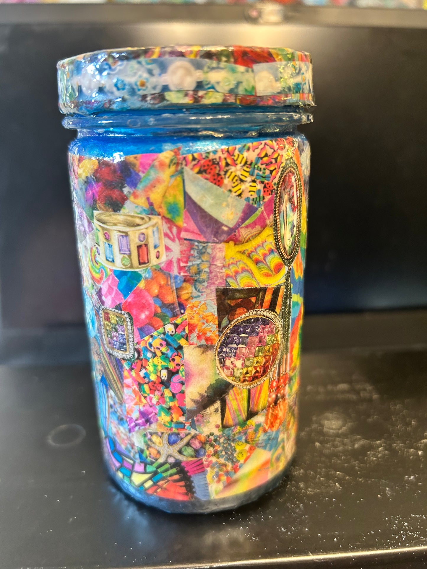 Decoupage Abstract Collage Wrapped Canister in "Everycolor" ~ Resin Coat ~ Chaotic, Analog, Unique, Trippy, Handmade, RetroTech