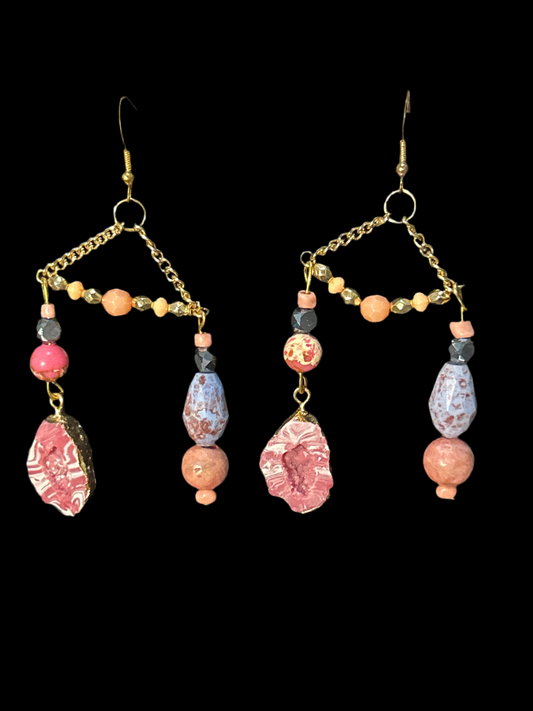 Pink and Peach Chain Scale Rock Handmade ChandelEarrings w. Stone & acrylic Beads~ original designs, funky unique pretty hypoallergenic