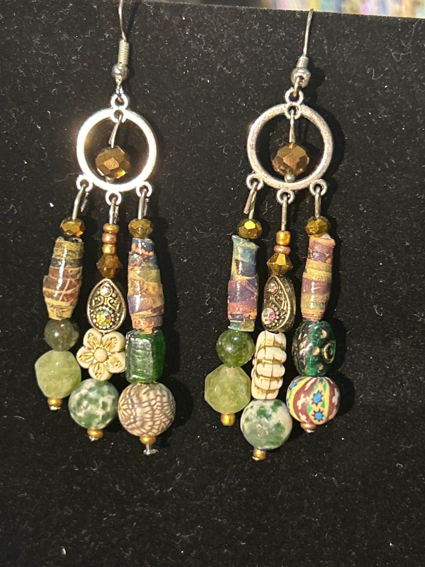 EarthTone Green & Bronze Handmade ChandelEarrings w. Paper, clay, & Stone Beads~ original designs, funky unique pretty hypoallergenic