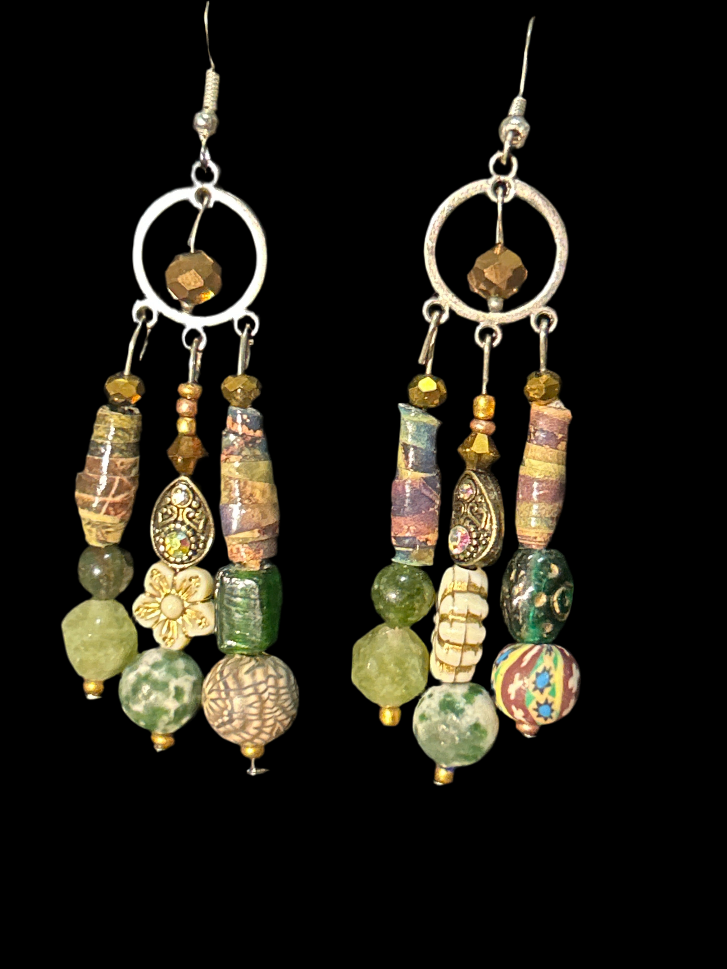 EarthTone Green & Bronze Handmade ChandelEarrings w. Paper, clay, & Stone Beads~ original designs, funky unique pretty hypoallergenic
