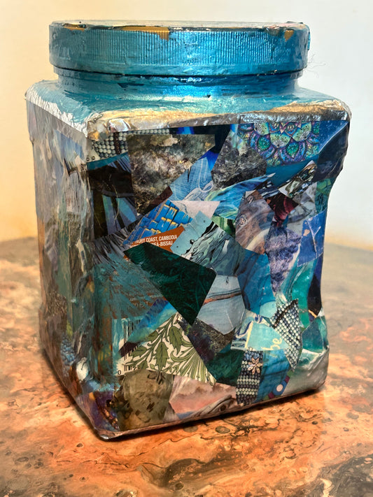 Twist Lid Plastic Nut Container Decoupage Abstract Collage Wrapped in "Blueish-Green" ~ Resin Coat ~ Chaotic, Analog, Unique, Trippy, Handmade, RetroTech