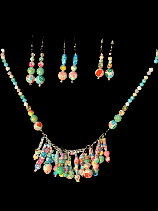 Signature Princess Biznotch Necklace and (3) Pairs Matching Earrings in Pastel w. Glass, Paper, & Crystal Beads~ original designs, funky unique pretty hypoallergenic