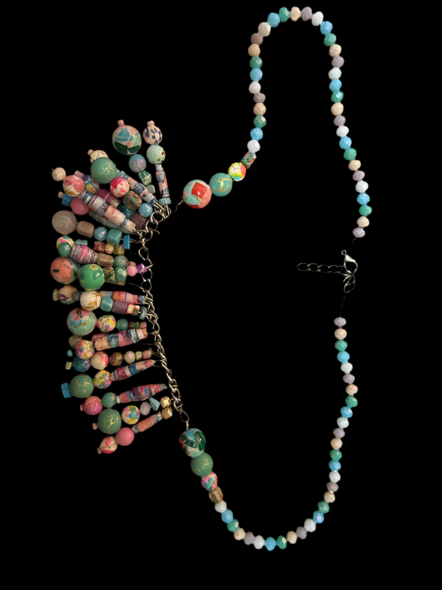 Signature Princess Biznotch Necklace and (3) Pairs Matching Earrings in Pastel w. Glass, Paper, & Crystal Beads~ original designs, funky unique pretty hypoallergenic