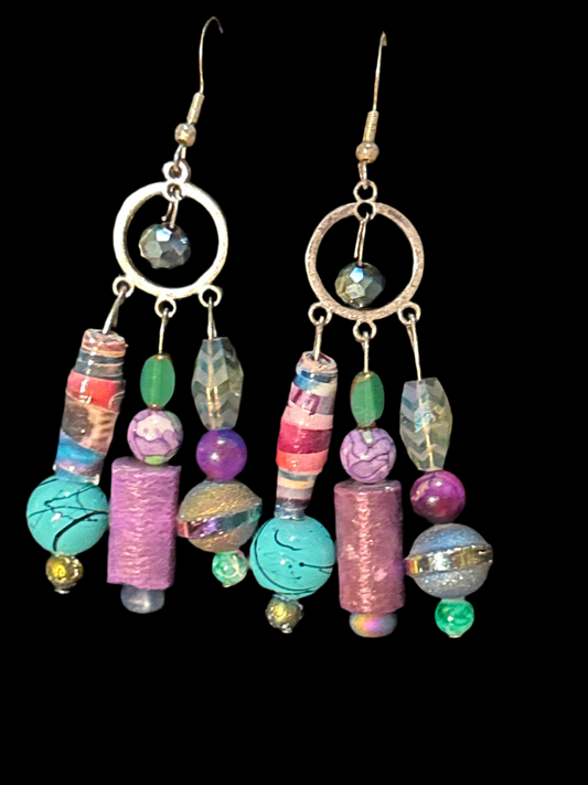 Space Purple & Green Handmade ChandelEarrings w. Glass, Crystal & Paper beads ~ original designs funky unique pretty hypoallergenic findings