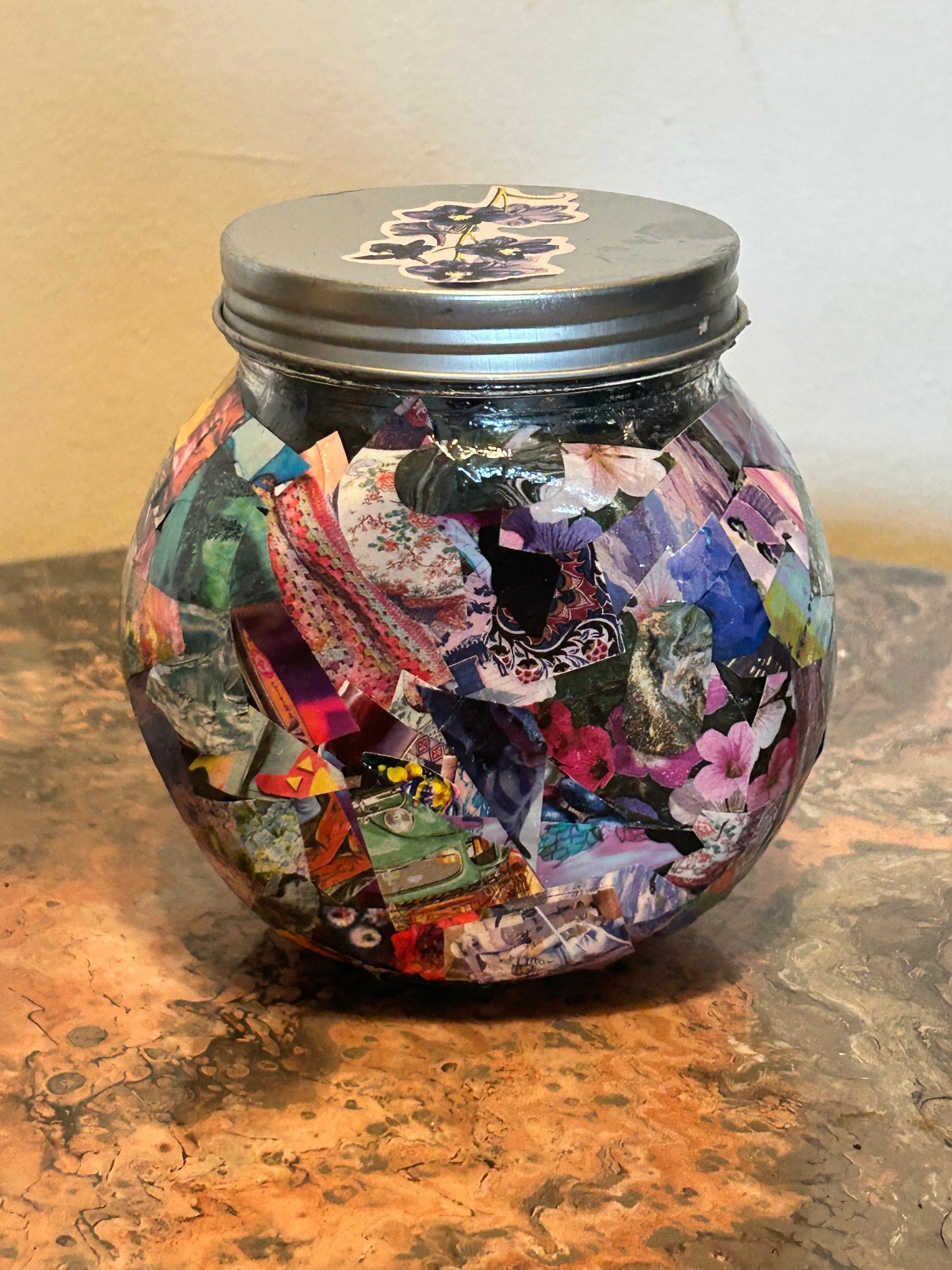 Round Glass Jar Decoupage Abstract Collage Wrapped in "Everycolor" Moody ~ Resin Coat ~ Chaotic, Analog, Unique, Trippy, Handmade, RetroTech