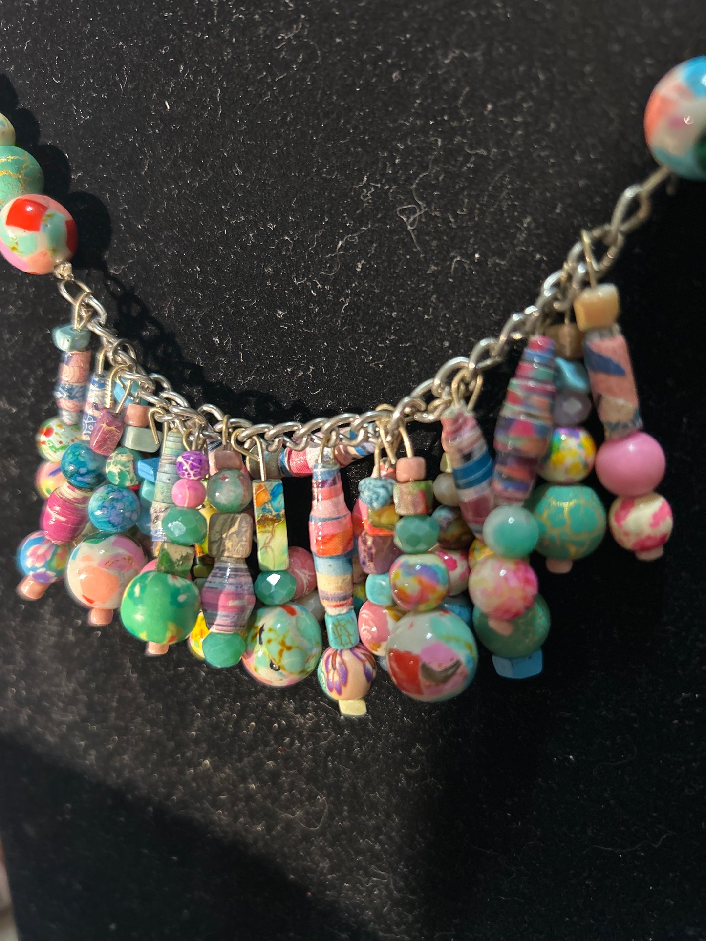 Signature Princess Biznotch Necklace and (3) Pairs Matching Earrings in Pastel w. Glass, Paper, & Crystal Beads~ original designs, funky unique pretty hypoallergenic