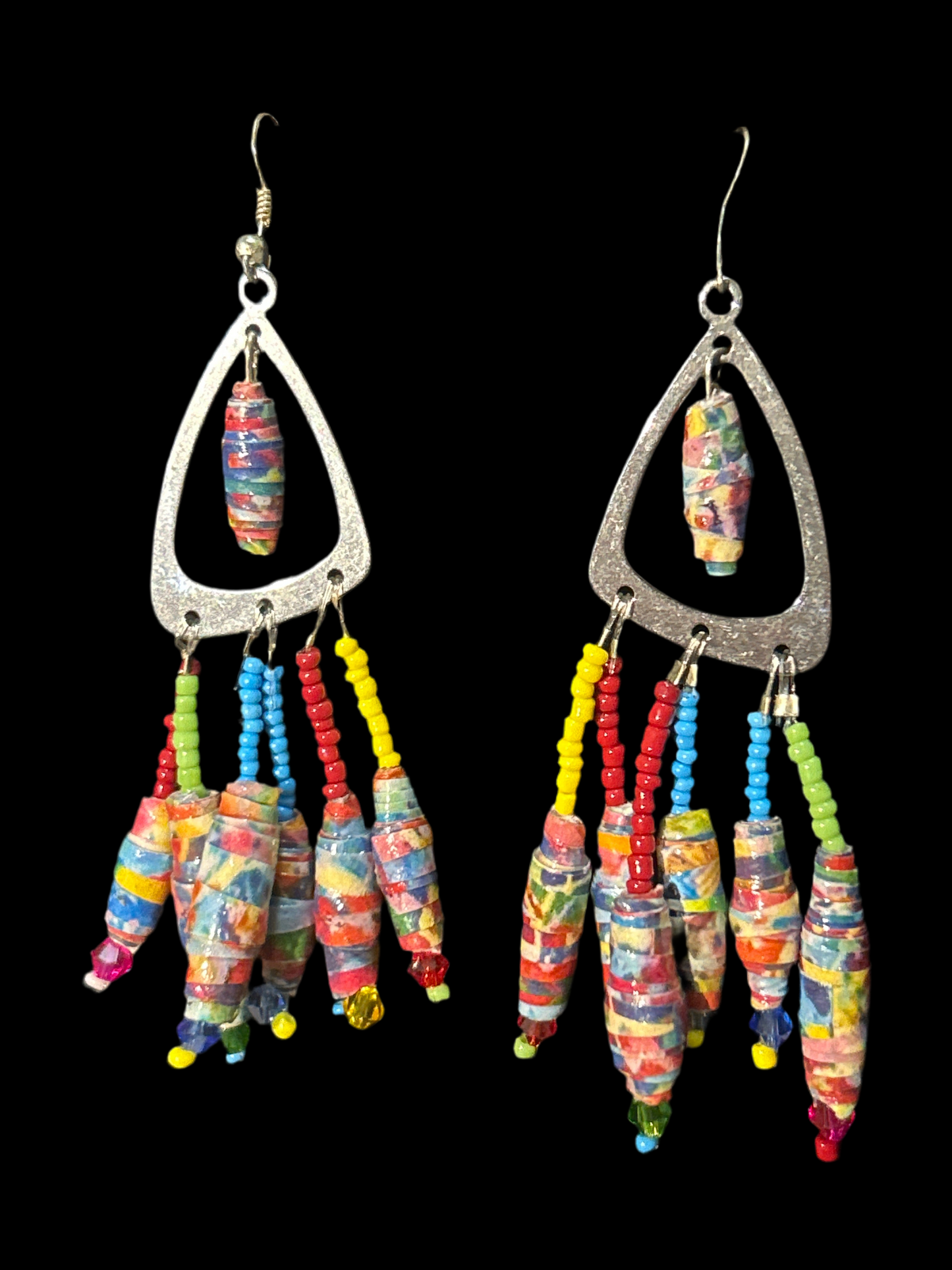 Everycolor Funhouse Handmade ChandelEarrings w. Glass, Paper, & Crystal Beads~ original designs, funky unique pretty hypoallergenic