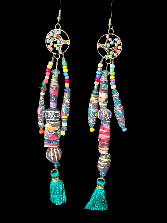 Tree of Life Pastel Tassel Handmade ChandelEarrings w. clay, Paper, & glass Beads~ original designs, funky unique pretty hypoallergenic