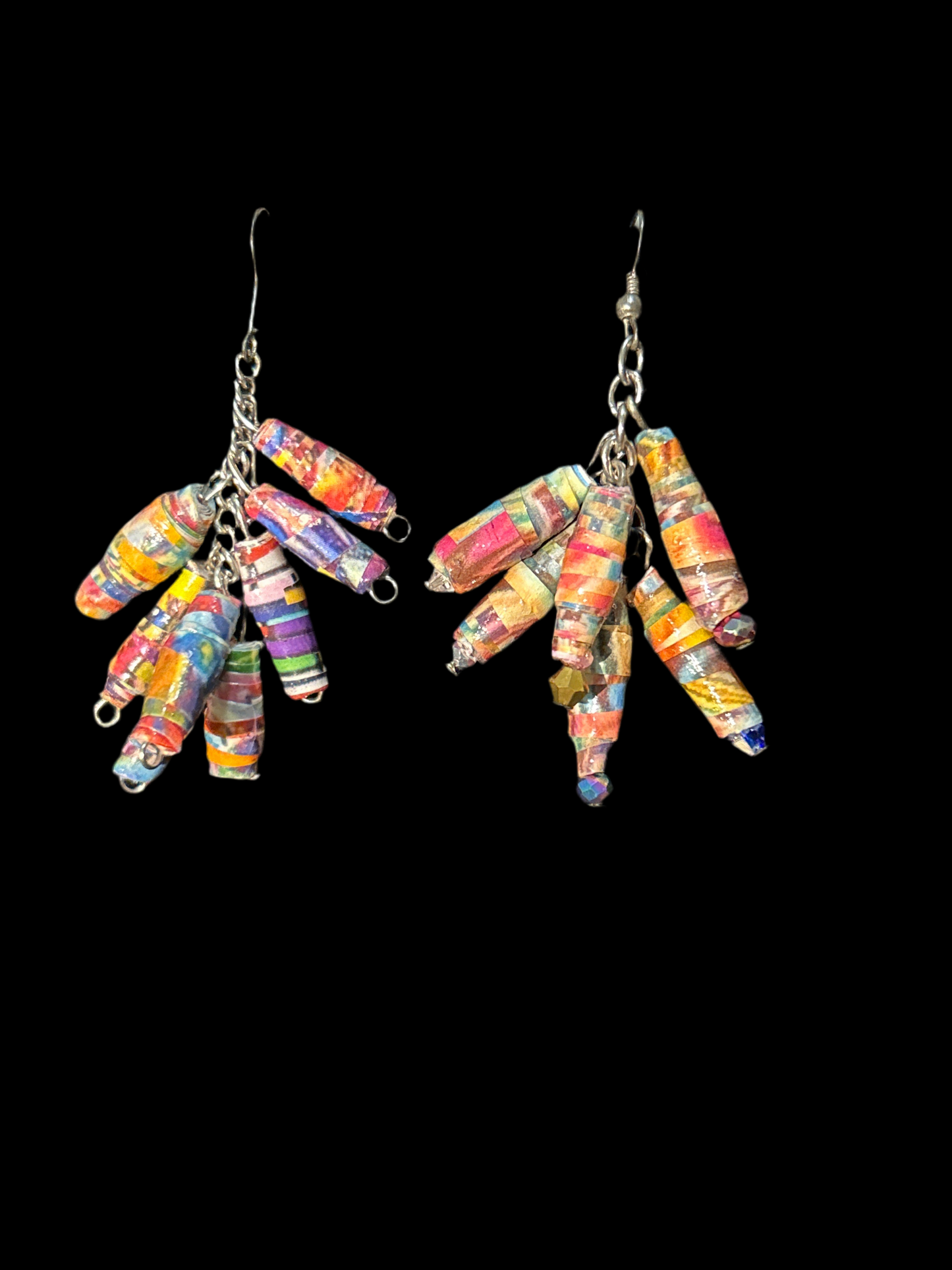 Handmade Everycolor Collage  Photo Rolled Paper Beads & Chain Cluster Earrings - original designs, funky unique pretty hypoallergenic