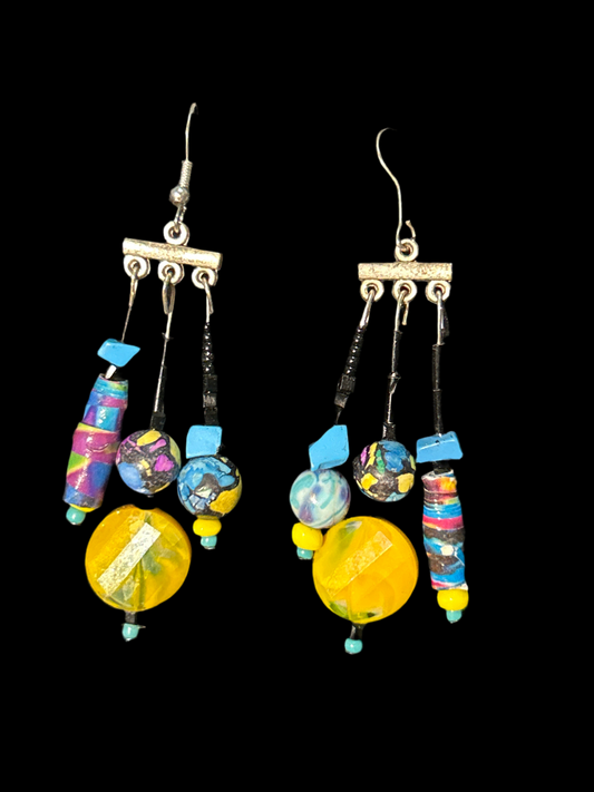 Neon Retro Yellow Handmade  Chandelearrings w. Glass & Paper Beads~ original designs funk and flair unique fun original hypoallergenic