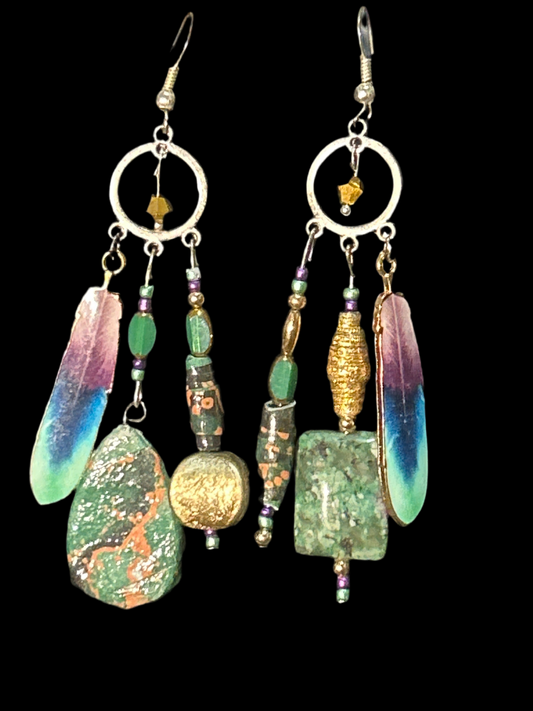 Green & Gold Trim Fly Feather Handmade ChandelEarrings w. Glass, Paper, & Crystal Beads~ original designs, funky unique pretty hypoallergenic