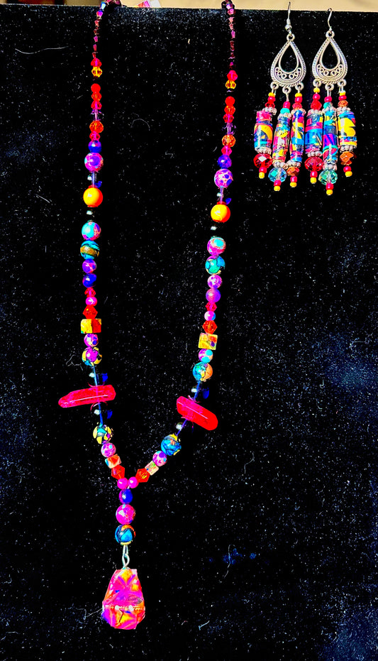 Purple & Orange Artisan Handcrafted Beaded Necklace & Earring Set w. Decoupage Pendant ~ Glass, Crystal, Stone Beads Brilliant Unique