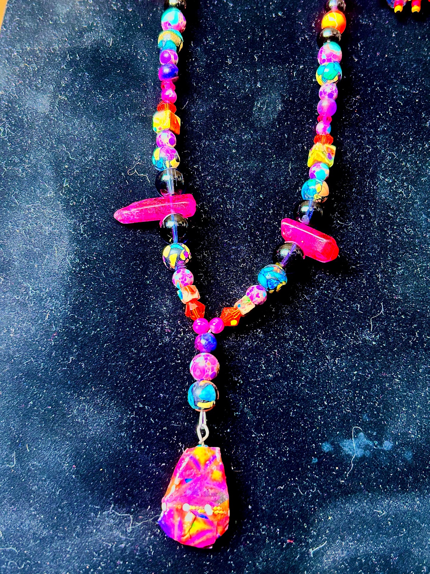 Purple & Orange Artisan Handcrafted Beaded Necklace & Earring Set w. Decoupage Pendant ~ Glass, Crystal, Stone Beads Brilliant Unique