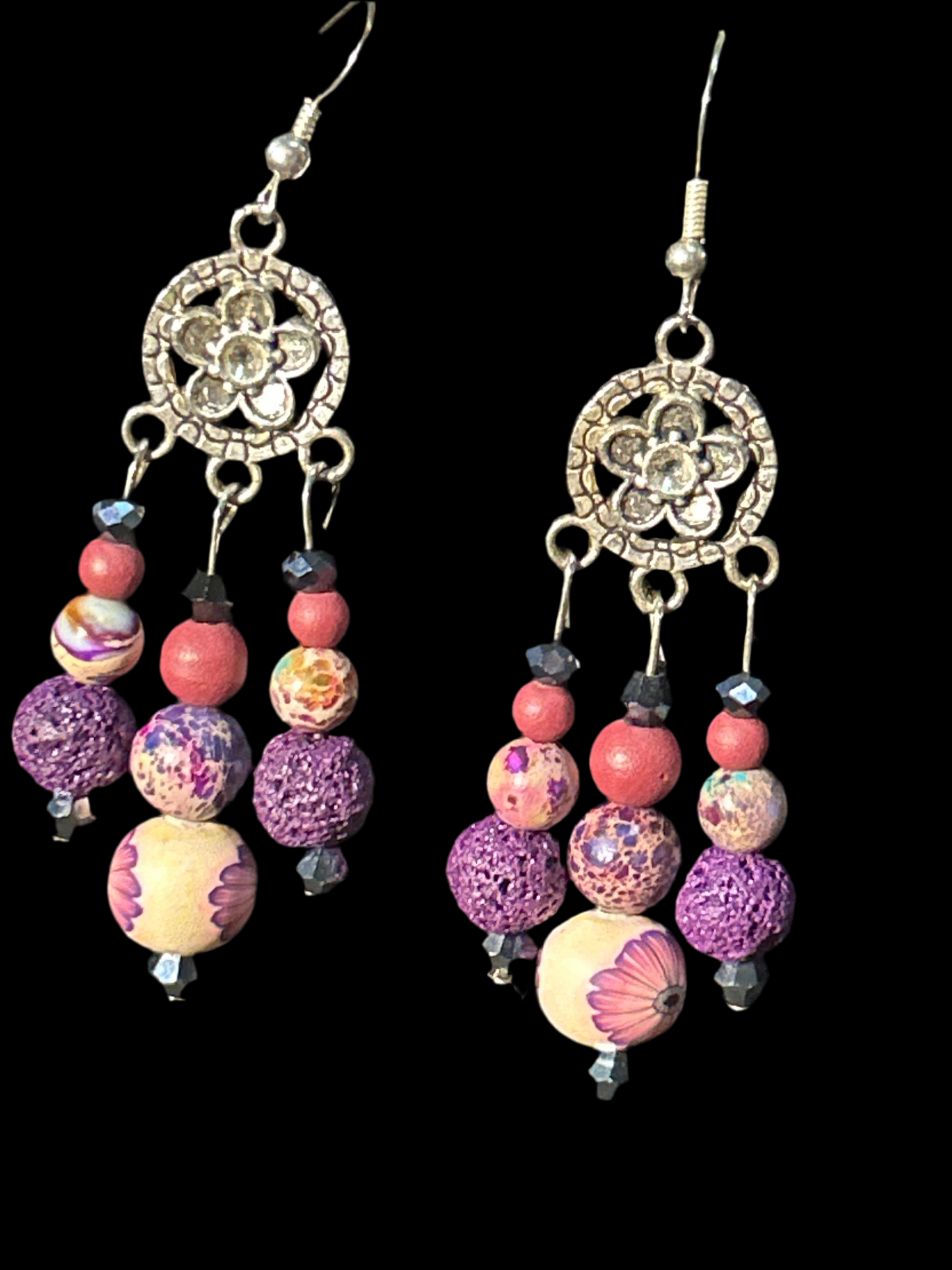 Pink & Purple Handmade ChandelEarrings w. Glass, Stone & Lava beads ~ original designs, funky unique pretty hypoallergenic
