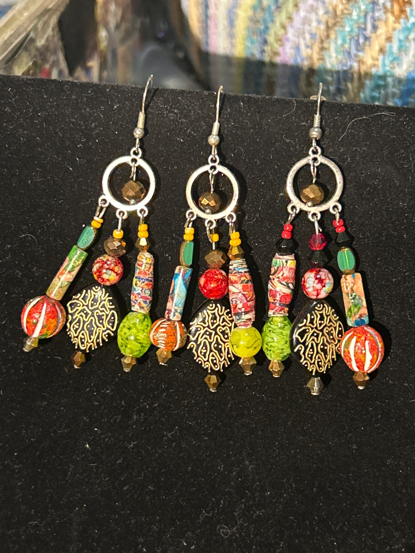 (3) Ethnic & Earthy Vibe ChandelEarrings with Paper Beads and Rainbow Imperial Jasper Earrings
