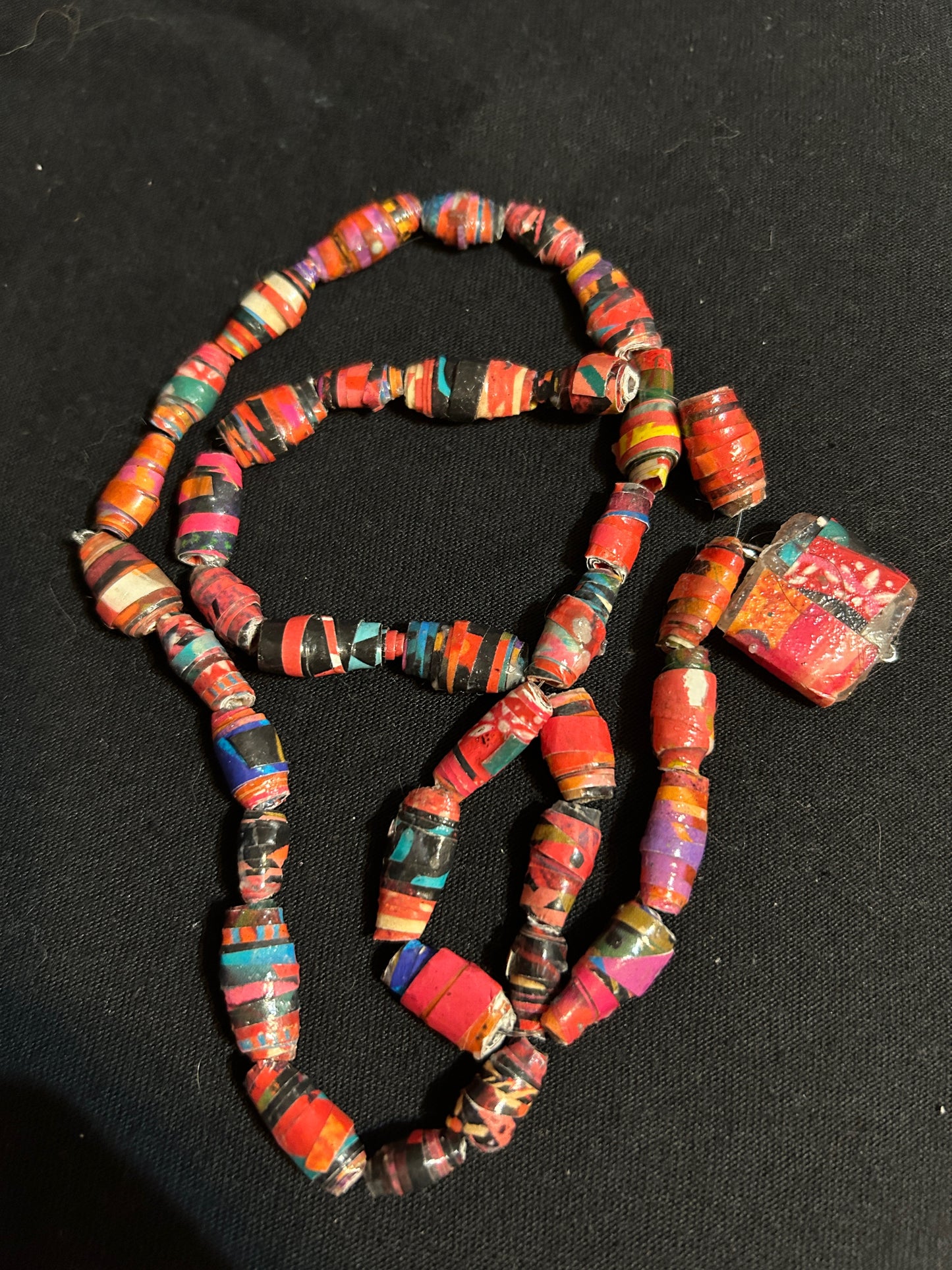 Red with Pendant - Krobo Style Paper Bead Necklace Multi-Colored Ethnic, Glazed