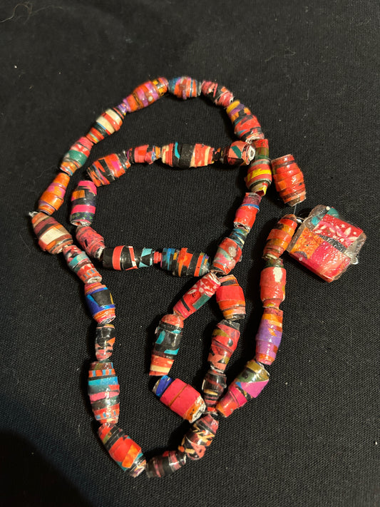 Red with Pendant - Krobo Style Paper Bead Necklace Multi-Colored Ethnic, Glazed