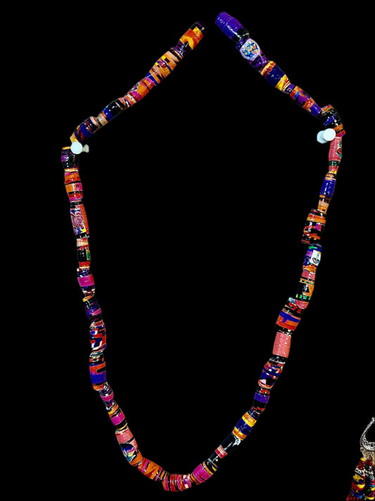Purple/Pink - Krobo Style Paper Bead Necklace Multi-Colored Ethnic, Glazed