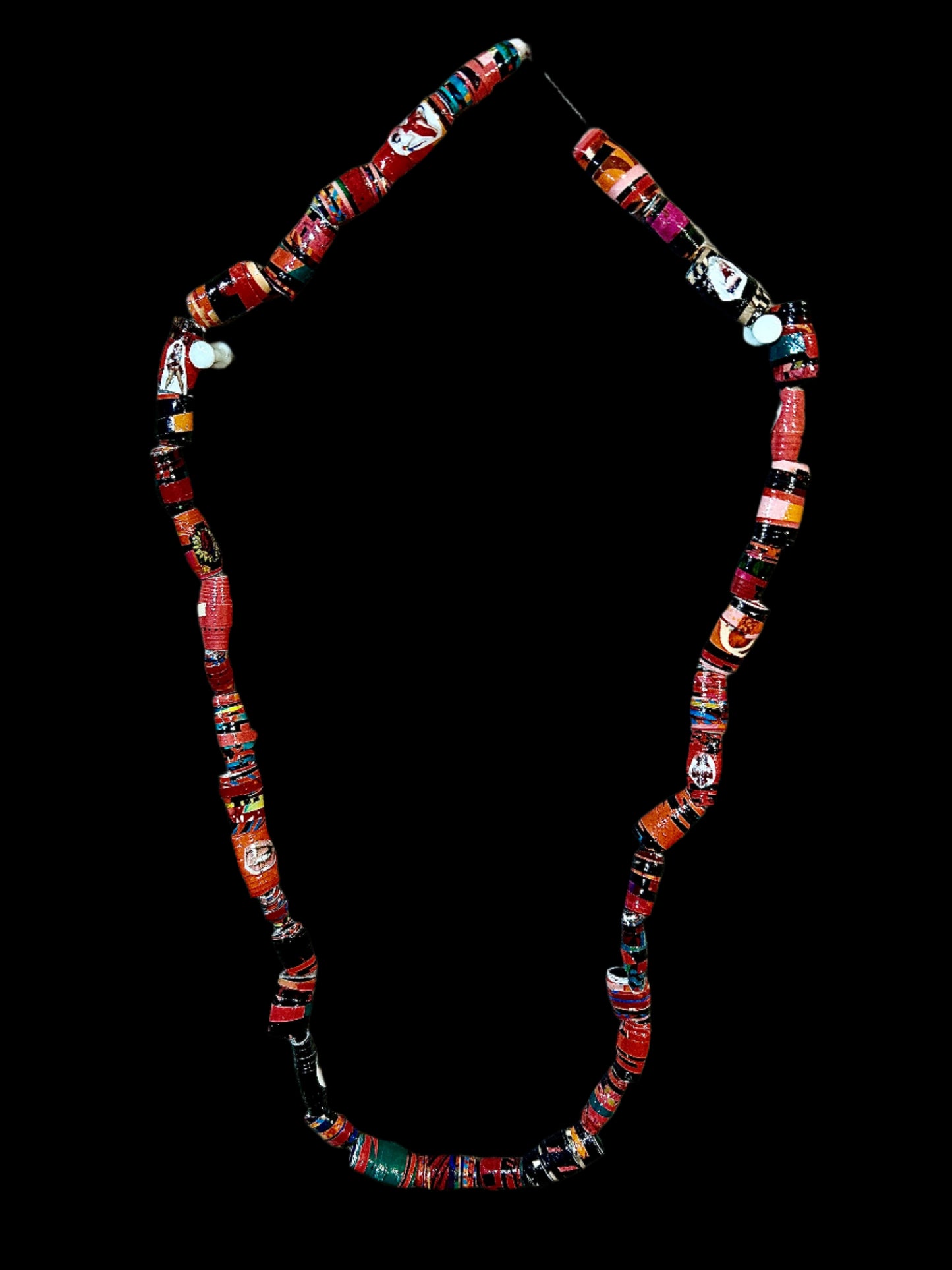Red & Pink Paper Bead Necklace w. Naughty Decals, Krobo Style Necklace Multi-Colored Ethnic, Glazed