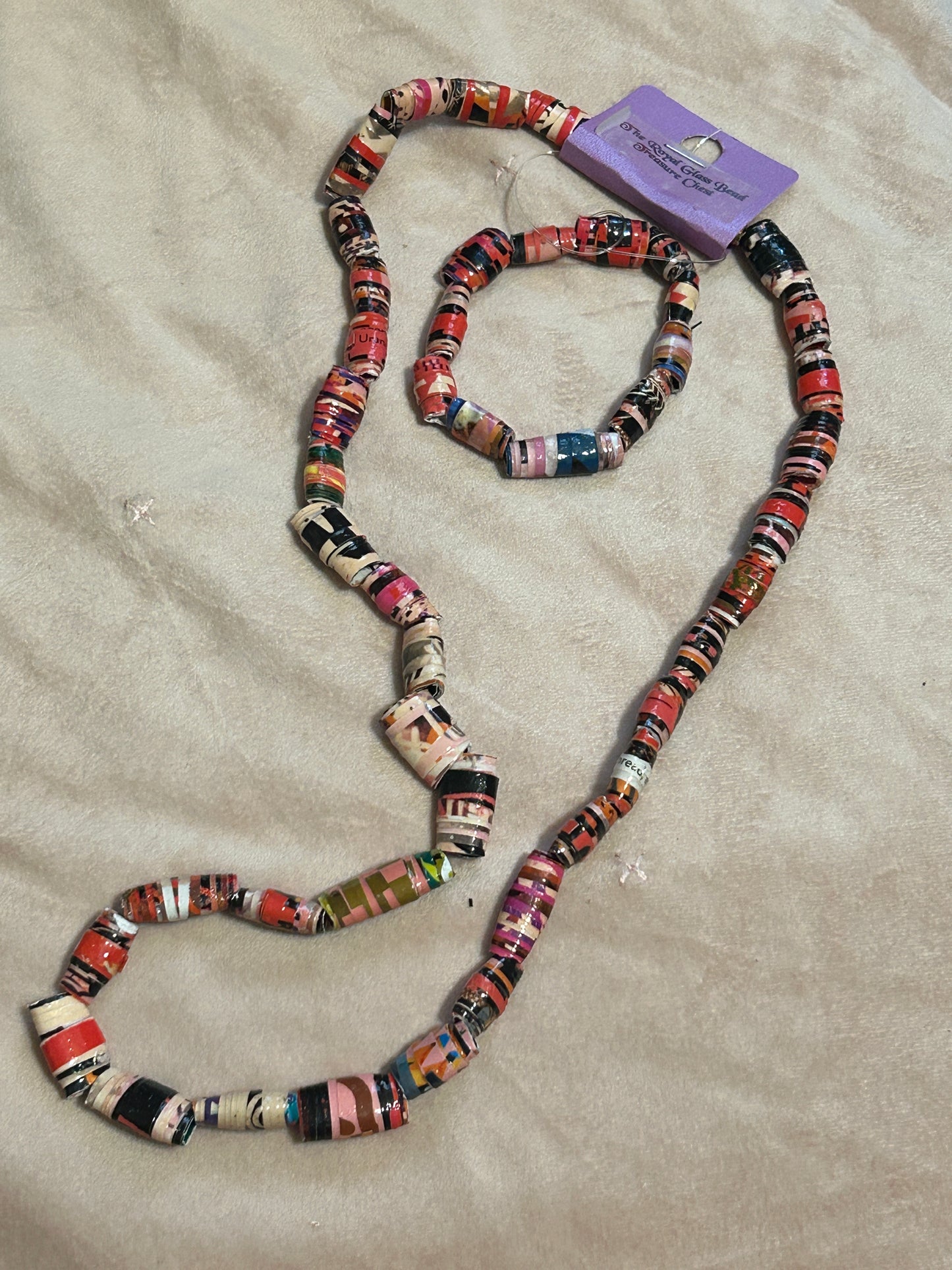 Red & Pink Paper Bead Necklace w. Naughty Decals, Krobo Style Necklace Multi-Colored Ethnic, Glazed