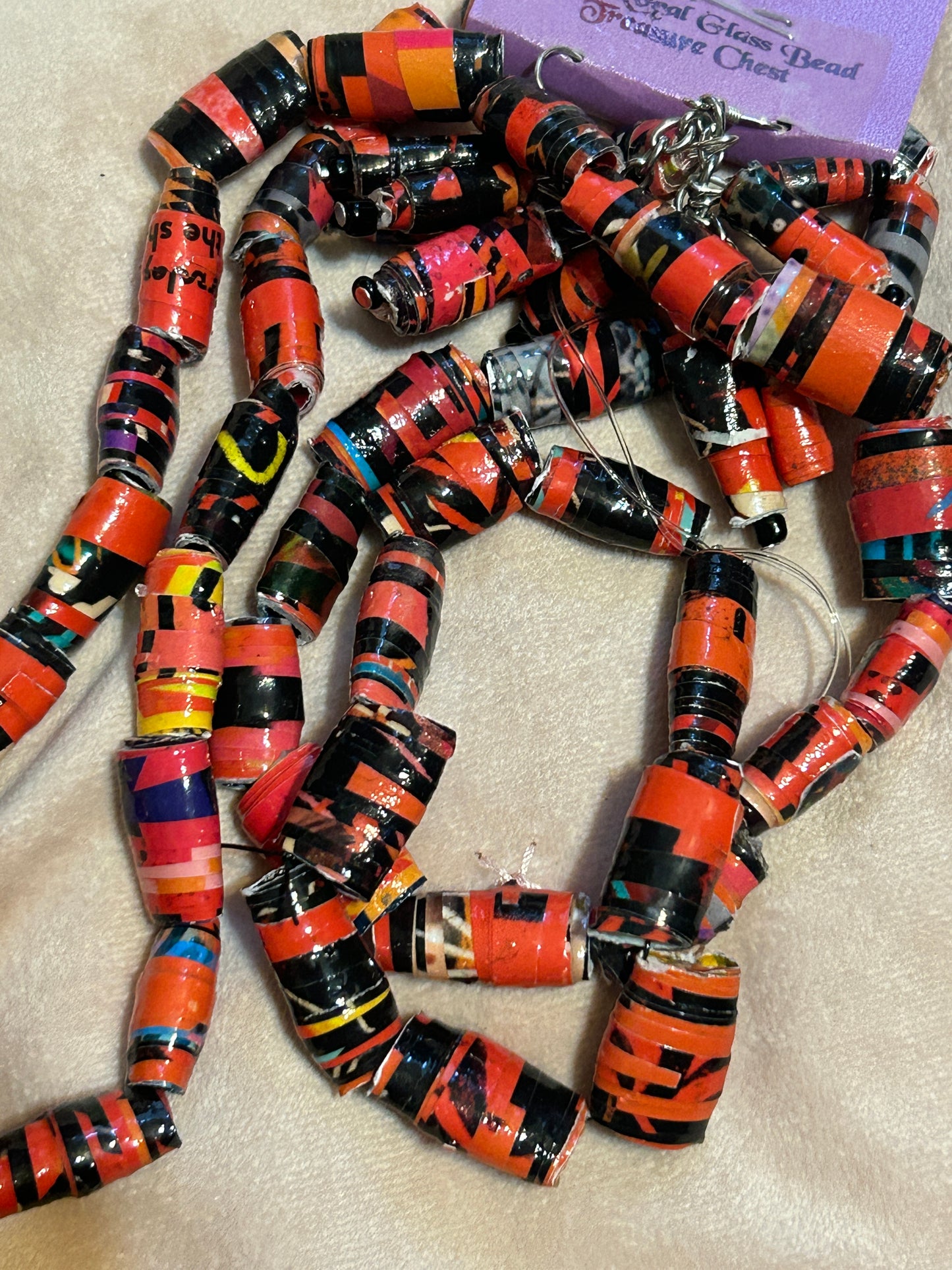 Red with Pendant - Krobo Style Paper Bead Necklace Multi-Colored Ethnic, Glazed