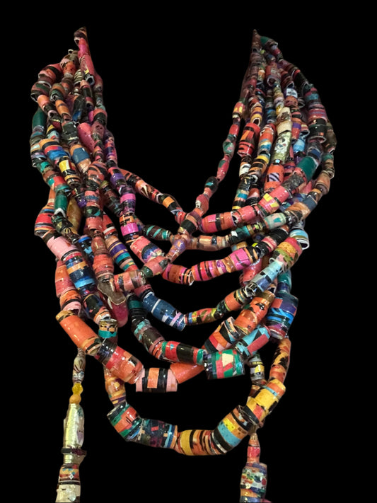 Krobo Style Paper Bead Necklace Set of 8, Multi-Colored Ethnic, Glazed
