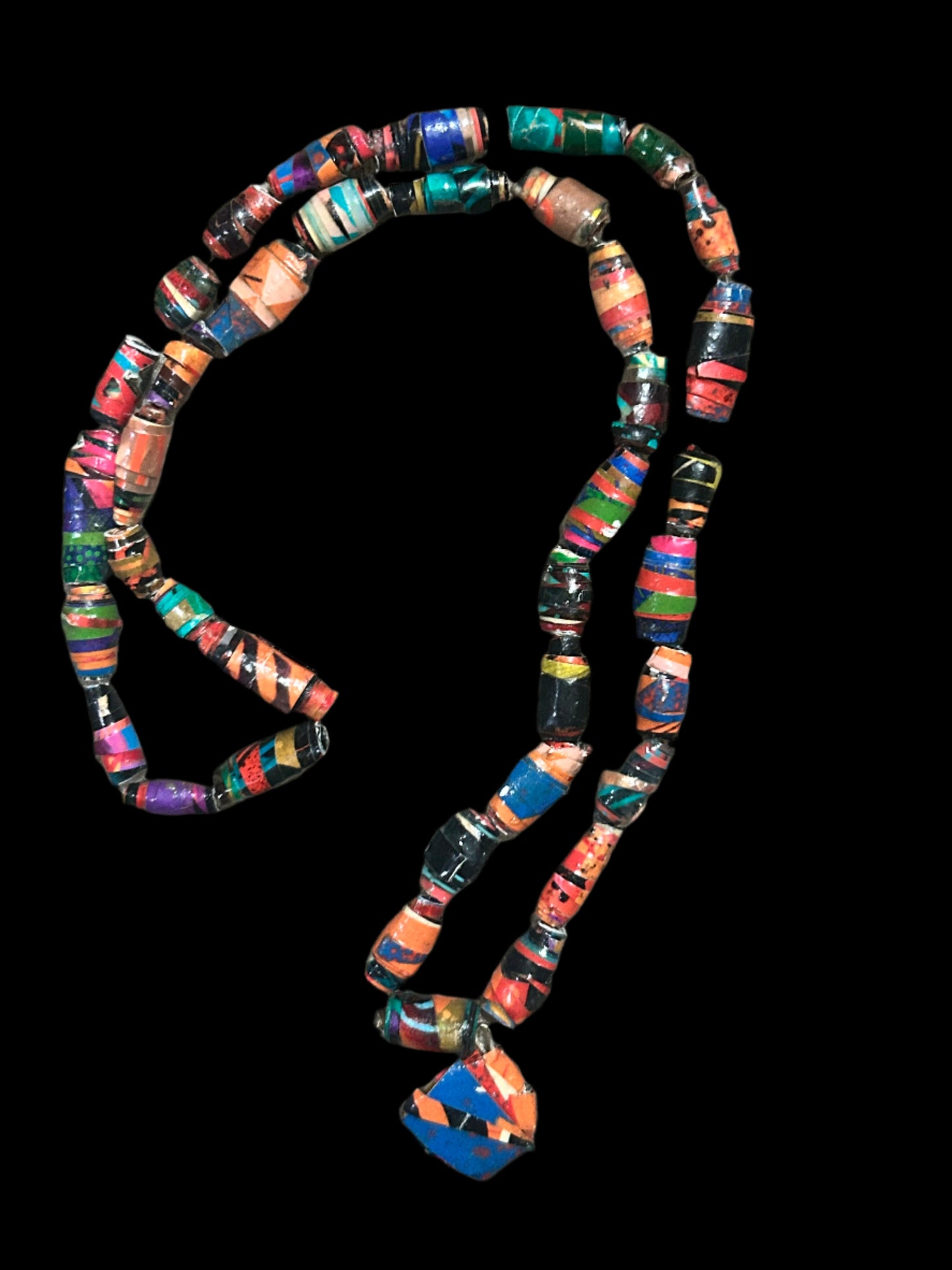 Orange + Krobo Style Paper Bead Necklace Multi-Colored Ethnic, Glazed