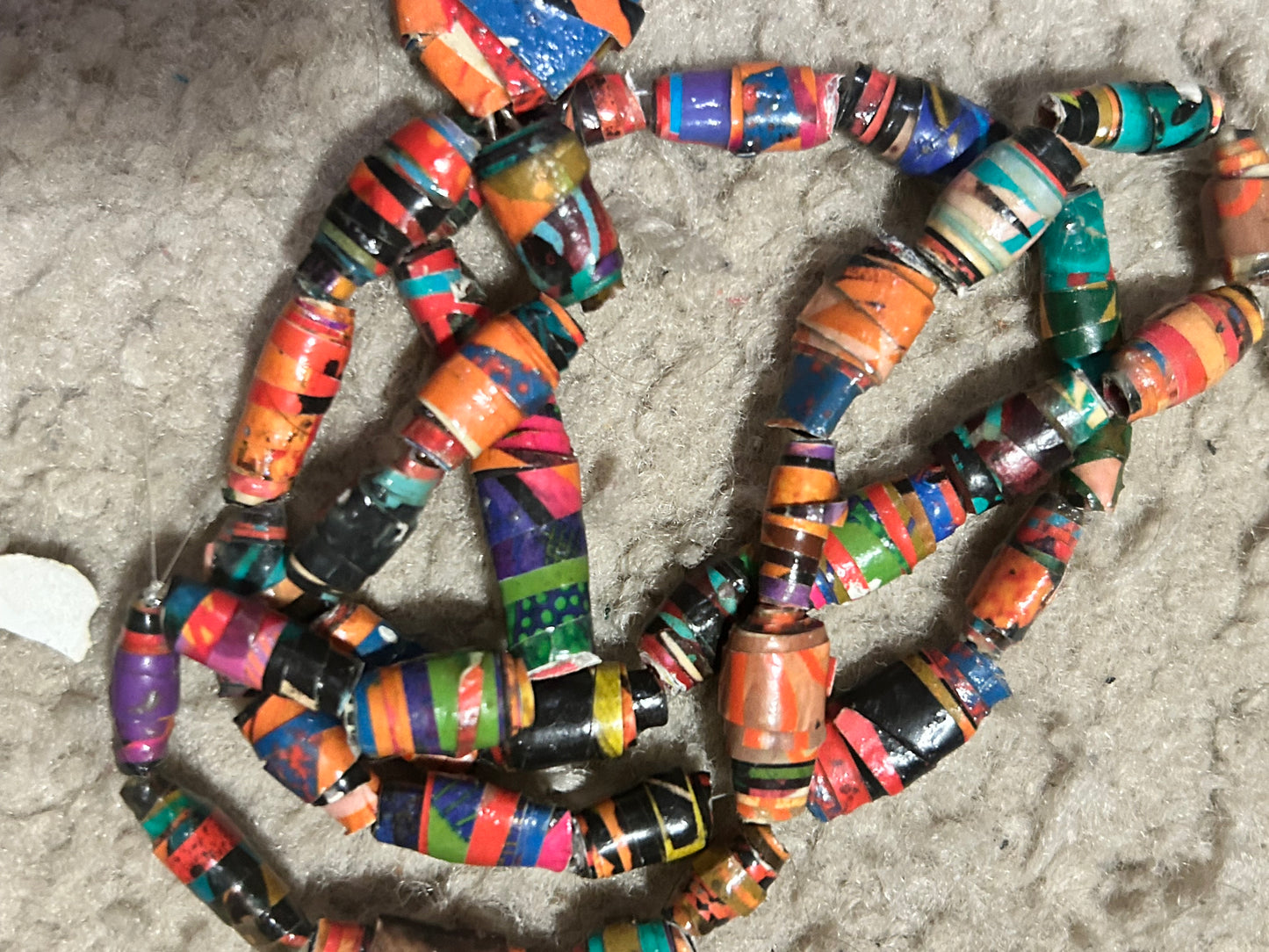 Orange + Krobo Style Paper Bead Necklace Multi-Colored Ethnic, Glazed