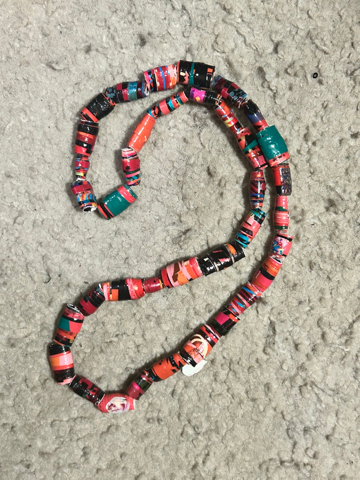 Red & Pink Paper Bead Necklace w. Naughty Decals, Krobo Style Necklace Multi-Colored Ethnic, Glazed
