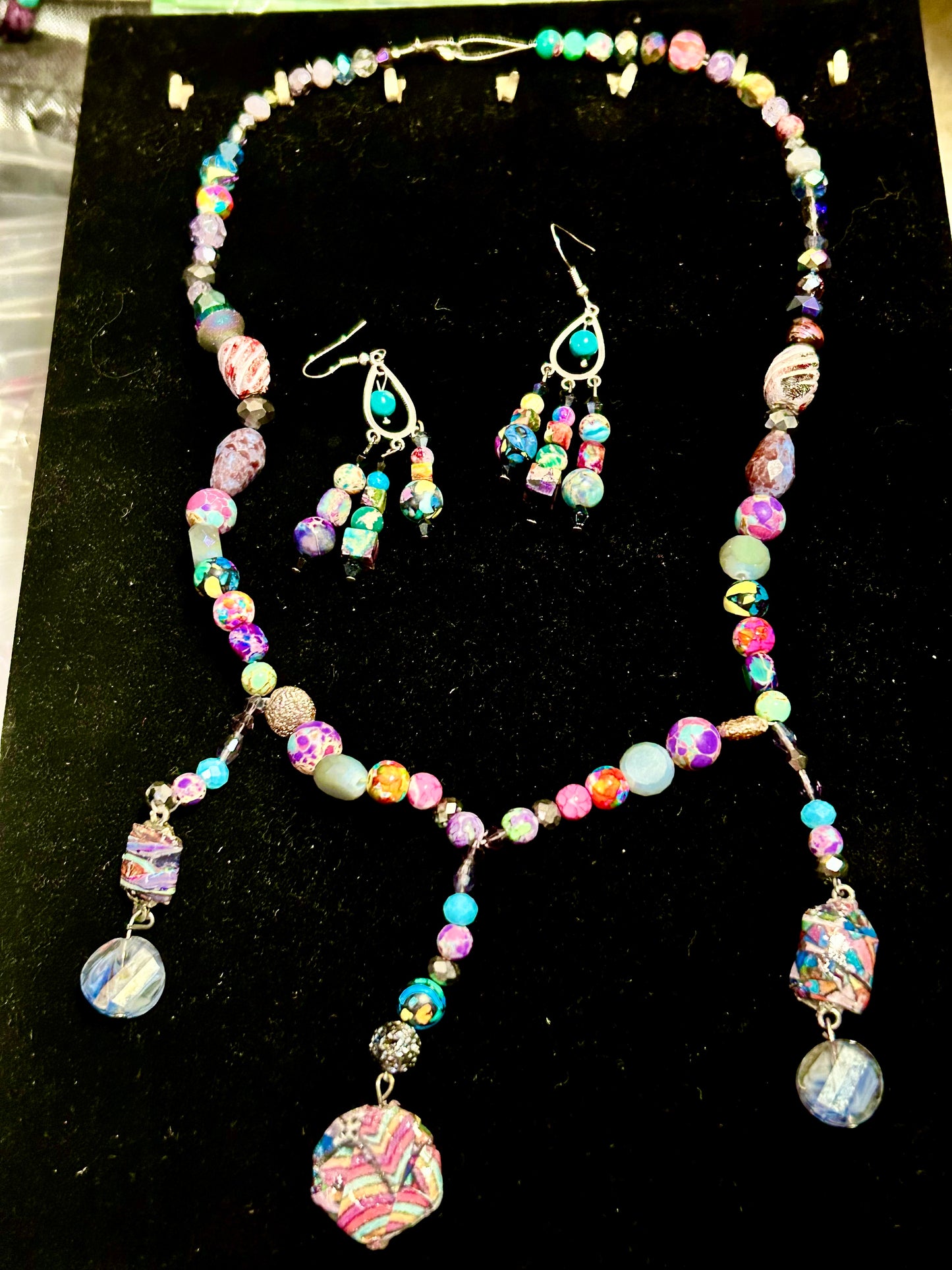 Purple & Splatter Artisan Handcrafted Beaded Necklace & Earring Set ~ Glass, Crystal, Stone Beads Brilliant Unique