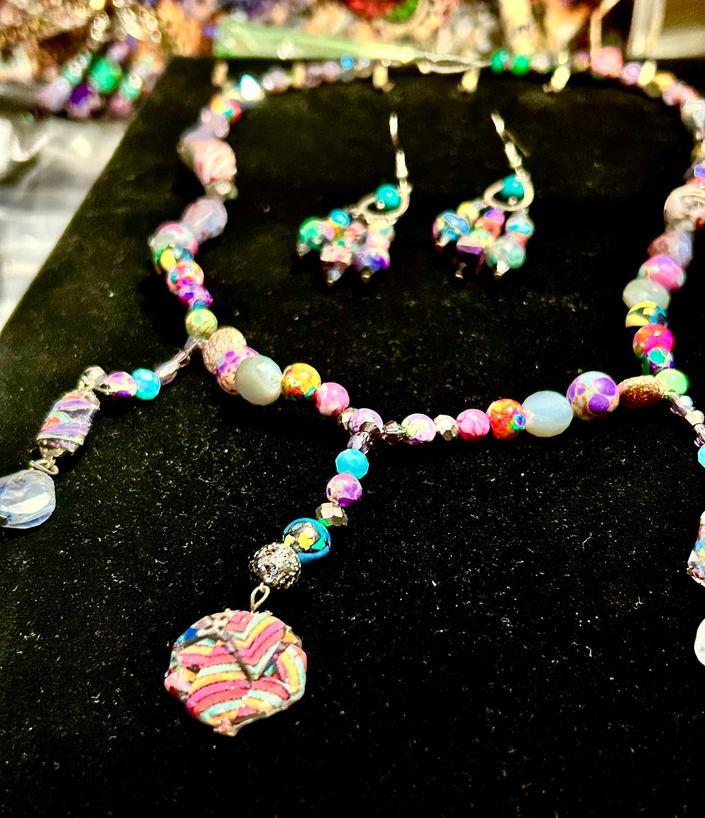 Purple & Splatter Artisan Handcrafted Beaded Necklace & Earring Set ~ Glass, Crystal, Stone Beads Brilliant Unique
