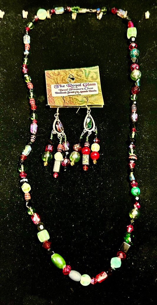 Red and Green & Black Artisan Handcrafted Beaded Necklace & Earring Set ~ Glass, Crystal, Stone Beads Brilliant Unique