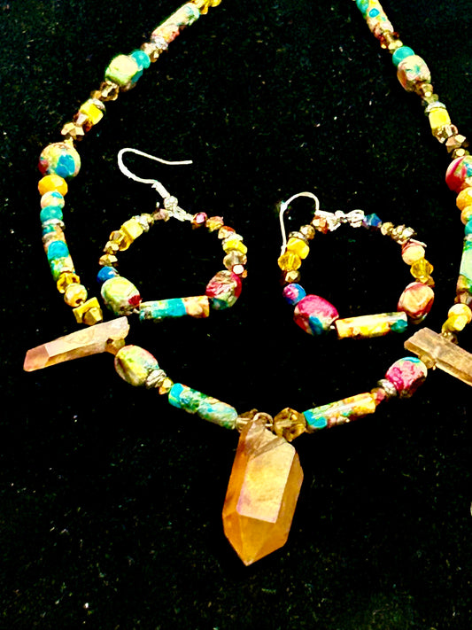 Orange and Imperial Jasper & Bronze Artisan Handcrafted Beaded Necklace & Earring Set ~ Brilliant Unique Colorful