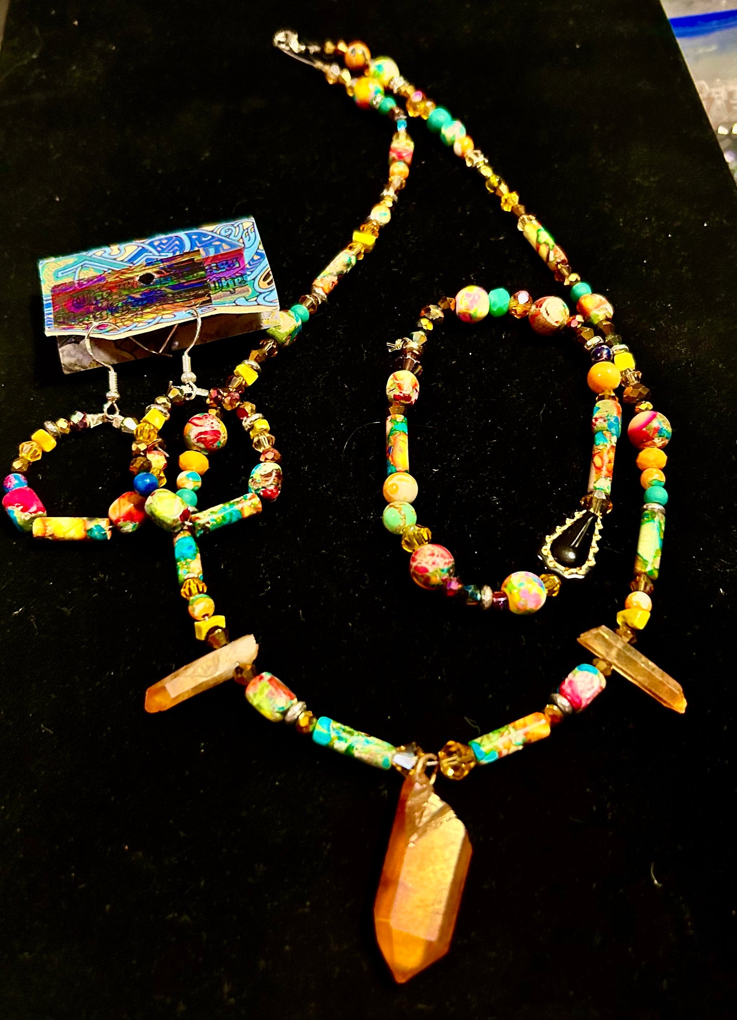 Orange and Imperial Jasper & Bronze Artisan Handcrafted Beaded Necklace & Earring Set ~ Brilliant Unique Colorful