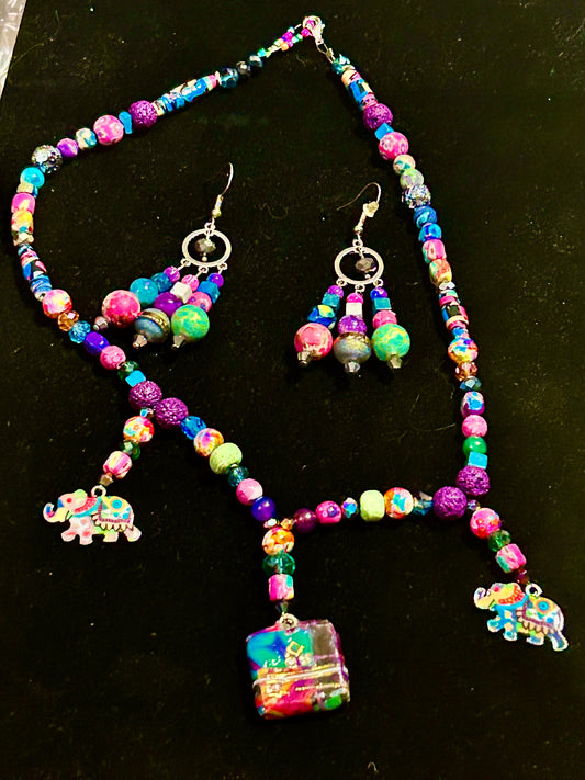 Hot Pink and Orange ~ Artisan Handcrafted Beaded Necklace & Earring Set ~ Brilliant Unique Colorful