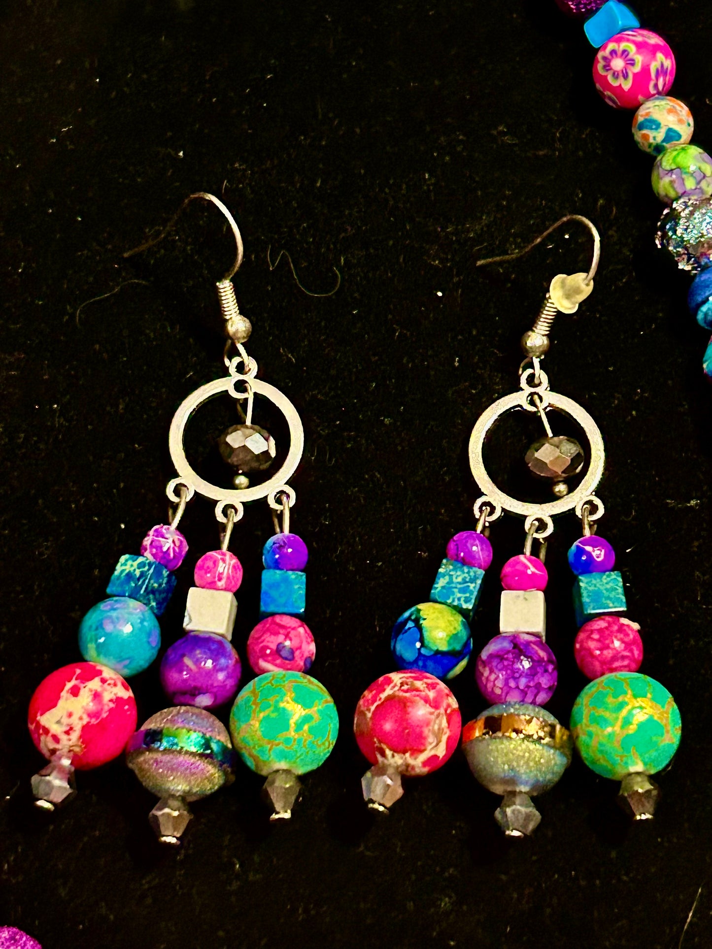 Hot Pink and Orange ~ Artisan Handcrafted Beaded Necklace & Earring Set ~ Brilliant Unique Colorful