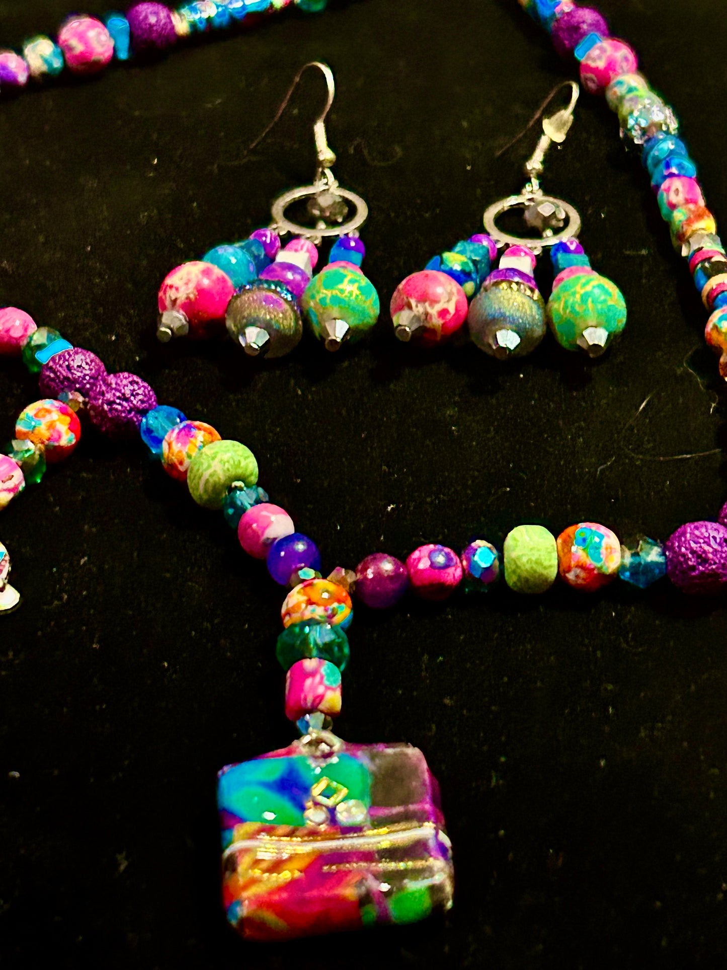Hot Pink and Orange ~ Artisan Handcrafted Beaded Necklace & Earring Set ~ Brilliant Unique Colorful