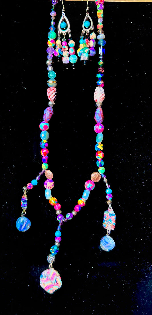 Purple & Splatter Artisan Handcrafted Beaded Necklace & Earring Set ~ Glass, Crystal, Stone Beads Brilliant Unique