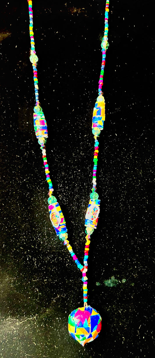 Artisan Handcrafted Beaded Necklace w. Decoupage Abstract Pendant and Handmade Paper Beads with Kandinsky Decals~ Multicolor Seed beads strand