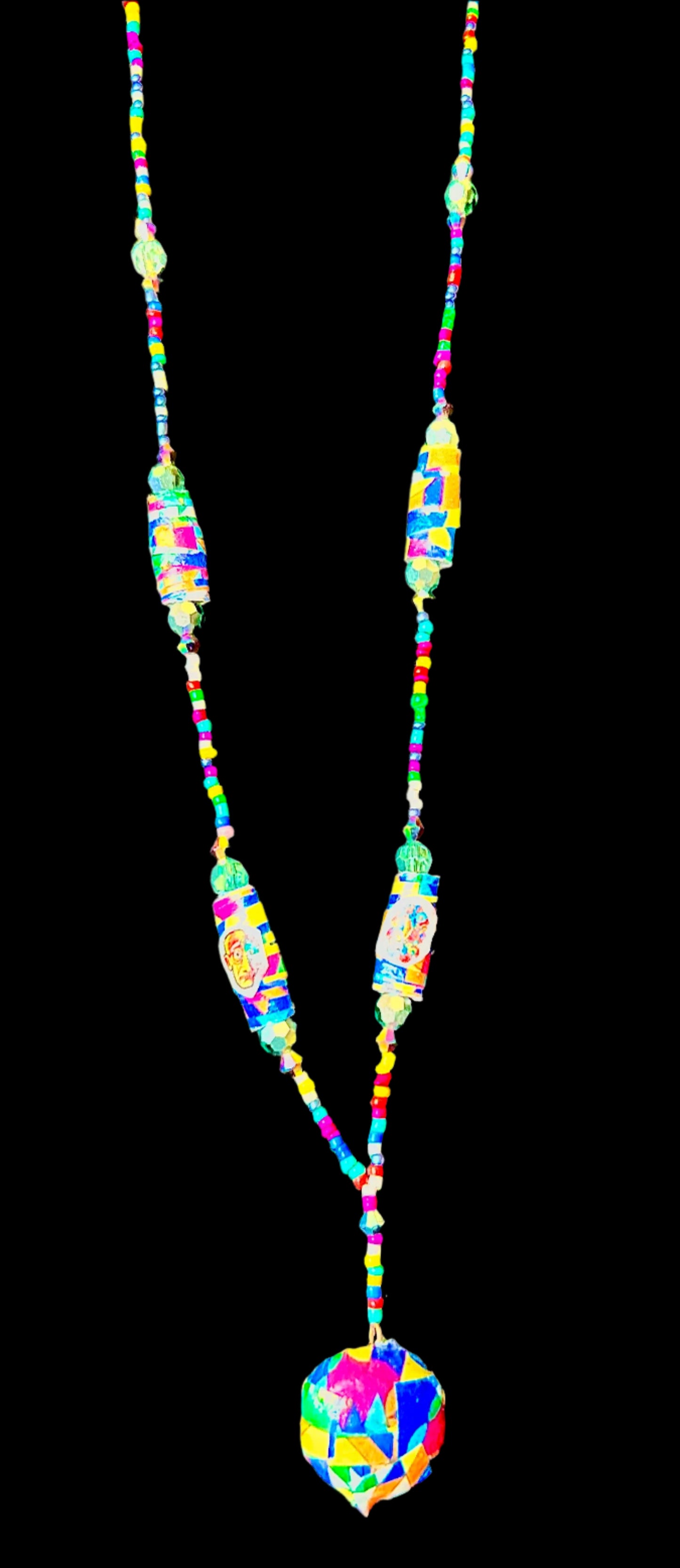 "Kandinsky-Inspired" Handmade SIngle Strand Muti-colored Necklace with Paper Beads Decoupage Pendant & Lobster Claw