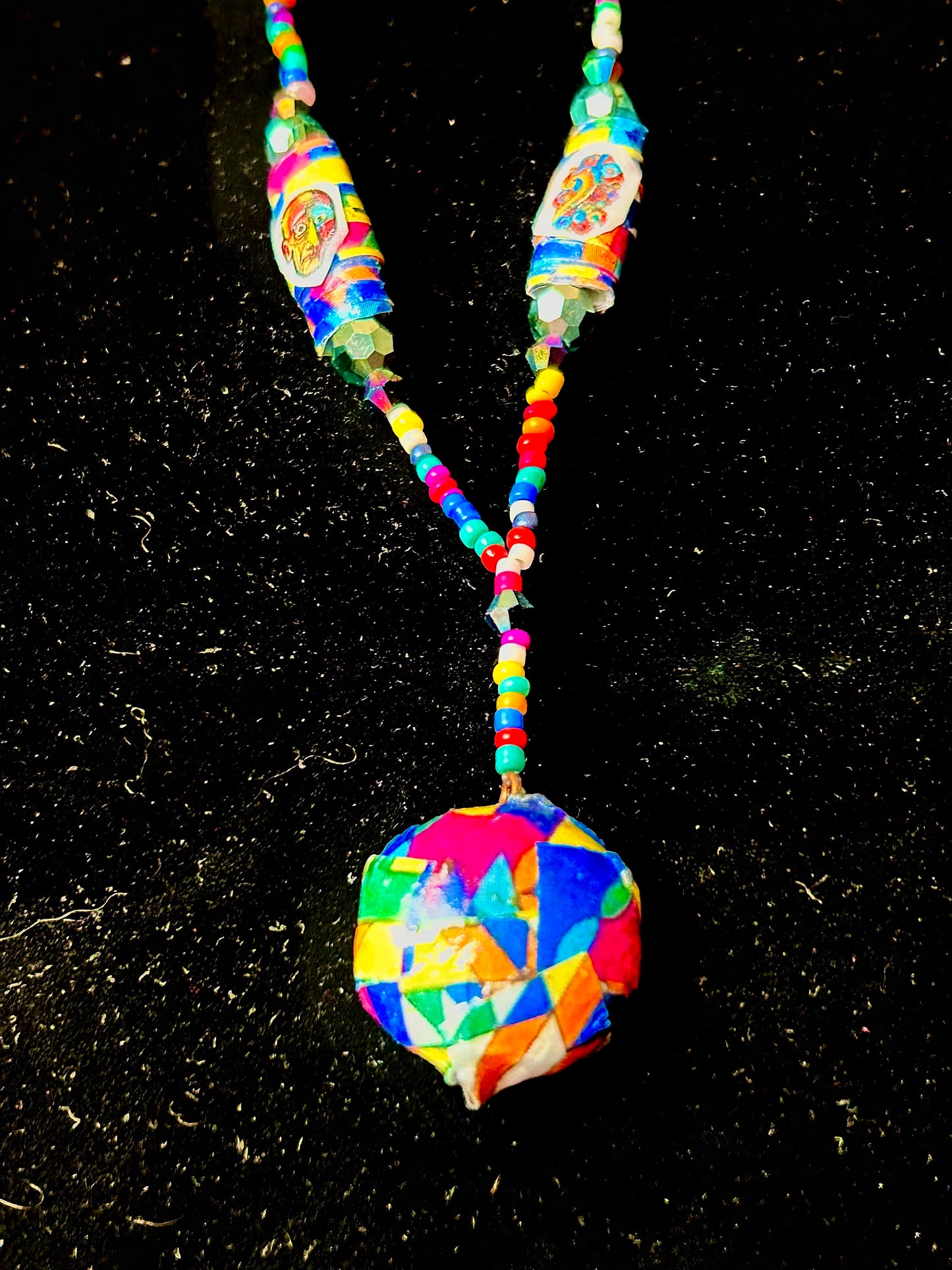 Artisan Handcrafted Beaded Necklace w. Decoupage Abstract Pendant and Handmade Paper Beads with Kandinsky Decals~ Multicolor Seed beads strand
