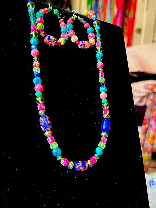 Malibu Beach Poppin' Pink Artisan Handcrafted Necklace & Earring Set ~ Glass, Crystel, Polymer Clay & Gemstone Beads,